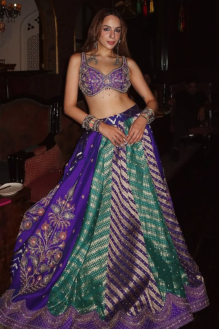 Purple & Teal Banarasi Silk Zardosi Embroidered Bridal Lehenga Set by Aditi Gupta at Pernia's Pop Up Shop