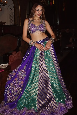 Purple & Teal Banarasi Silk Zardosi Embroidered Lehenga Set by Aditi Gupta