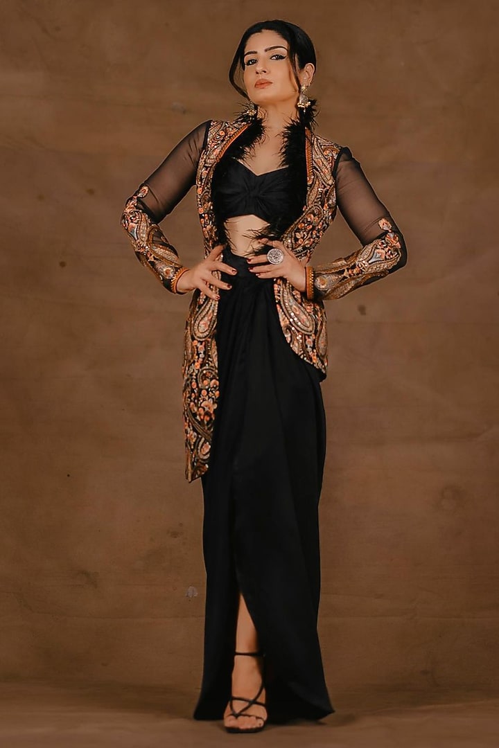 Black Satin Embroidered Jacket Set by Aditi Gupta at Pernia's Pop Up Shop