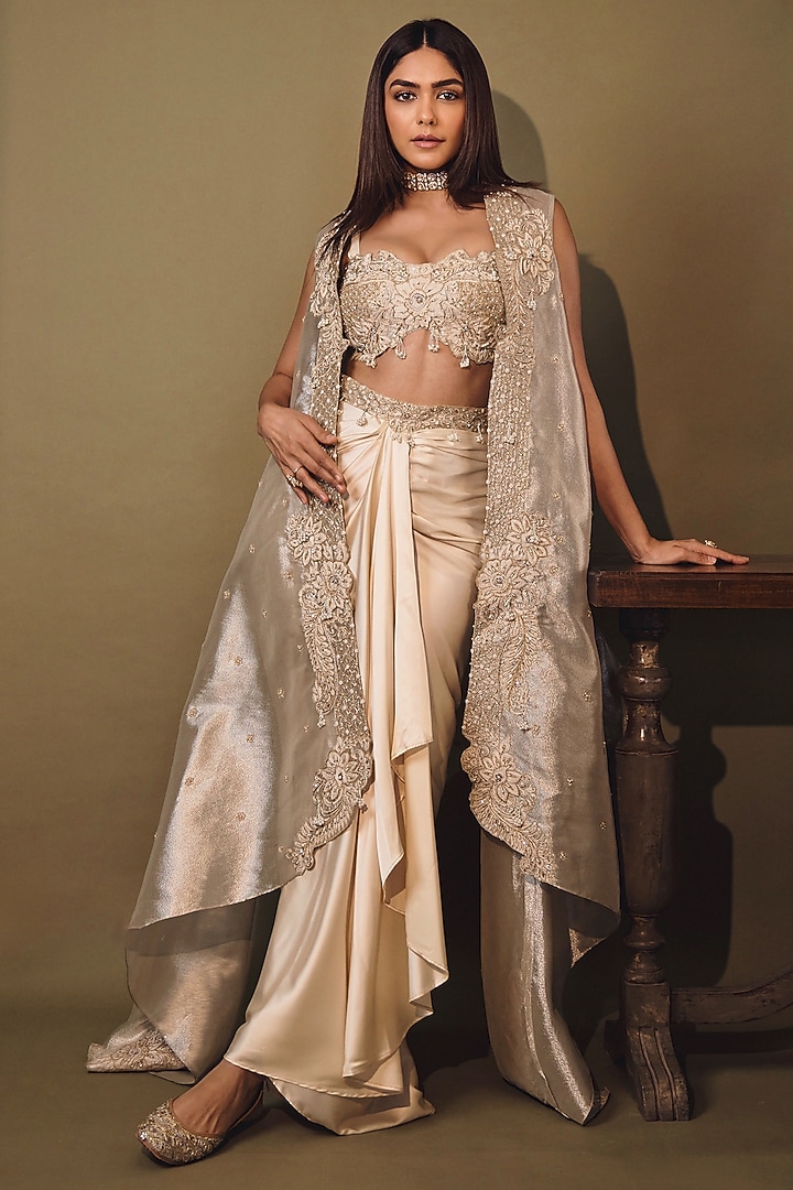 Champagne Gold Armani Satin Draped Skirt Set by Aditi Gupta at Pernia's Pop Up Shop