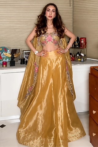 Mustard Yellow Pure Zari Tissue Gota-Patti Sharara Set by Aditi Gupta