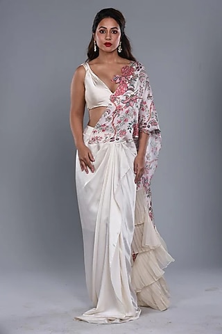 Ivory Satin & Organza Hand Embroidered Saree Set by Aditi Gupta