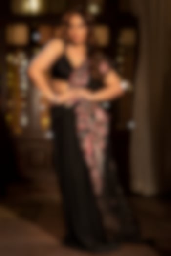 Black Satin & Organza Hand Embroidered Wedding Saree Set by Aditi Gupta at Pernia's Pop Up Shop