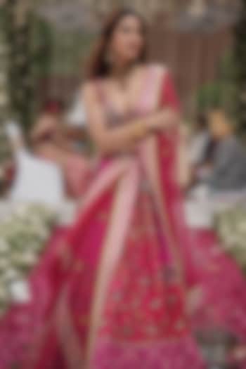 Hot Pink Jacquard Silk Banarasi Zari Embroidered Bridal Lehenga Set by Aditi Gupta at Pernia's Pop Up Shop