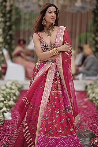Hot Pink Jacquard Silk Banarasi Zari Embroidered Lehenga Set by Aditi Gupta