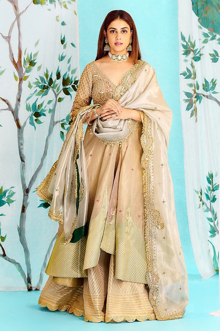 Pearl Ivory Silk Zari Tissue Pearl Work Kalidar Jacket Set by Aditi Gupta at Pernia's Pop Up Shop