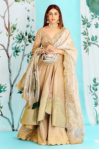 Pearl Ivory Silk Zari Tissue Pearl Work Kalidar Jacket Set by Aditi Gupta