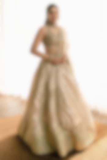 Pearl Gold Silk Zari Tissue Paisley Embroidered Kalidar Wedding Lehenga Set by Aditi Gupta at Pernia's Pop Up Shop