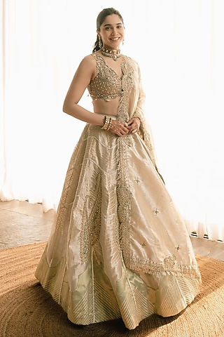 Pearl Gold Silk Zari Tissue Paisley Embroidered Kalidar Lehenga Set by Aditi Gupta