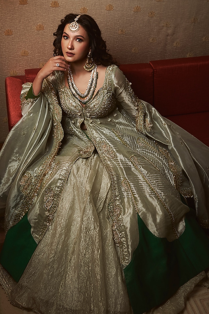 Pearl Gold Silk Zari Tissue Paisley Embroidered Kalidar Jacket Set by Aditi Gupta at Pernia's Pop Up Shop