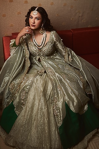 Pearl Gold Silk Zari Tissue Paisley Embroidered Kalidar Jacket Set by Aditi Gupta