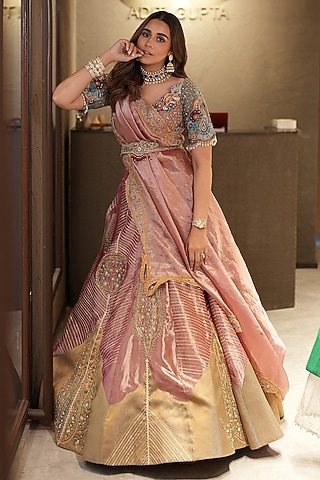 Pink Silk Zari Tissue Zardosi Embroidered Kalidar Lehenga Set by Aditi Gupta