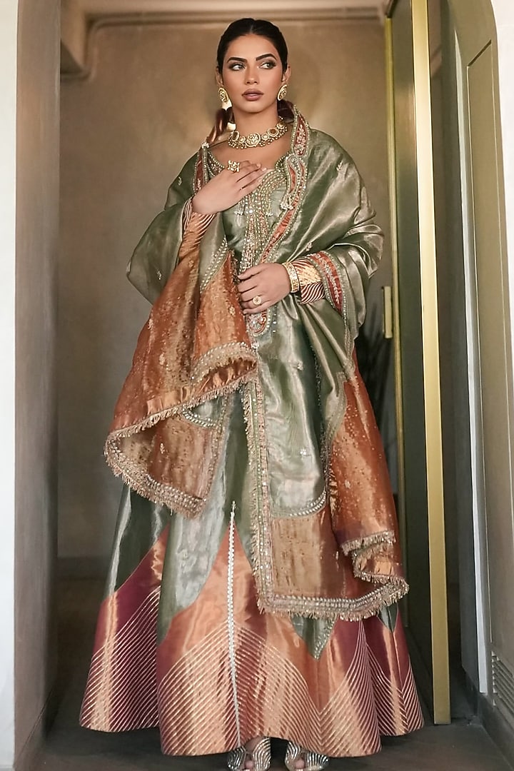 Emerald Green Silk Zari Tissue Pearl Embroidered Kalidar Wedding Anarkali Set by Aditi Gupta at Pernia's Pop Up Shop