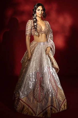 Purple Silk Zari Tissue Pearl Embroidered Kalidar Lehenga Set by Aditi Gupta