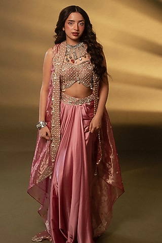 Blush Pink Armani Satin Draped Skirt Set by Aditi Gupta