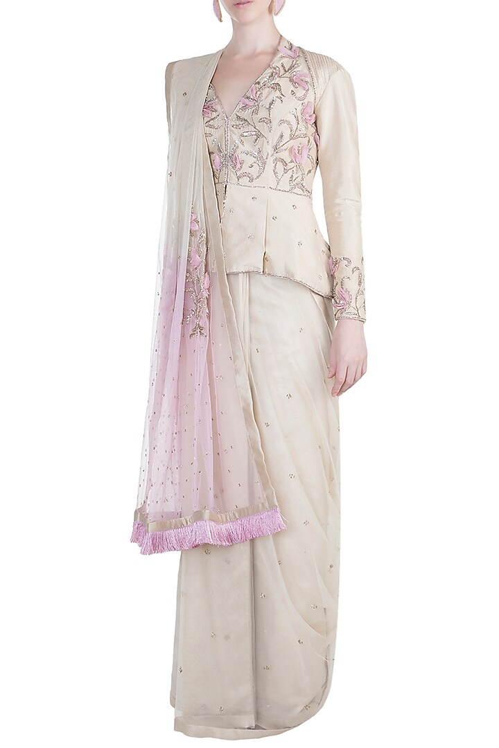 Beige Embroidered Half & Half Wedding Saree Set by Adah at Pernia's Pop Up Shop