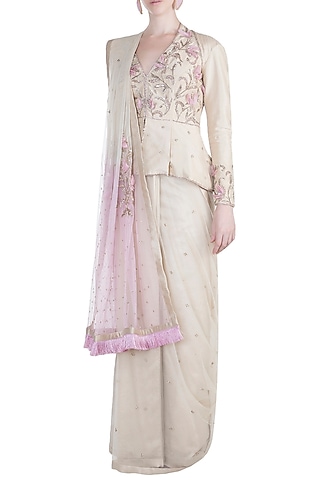 Beige Embroidered Half & Half Saree Set by Adah