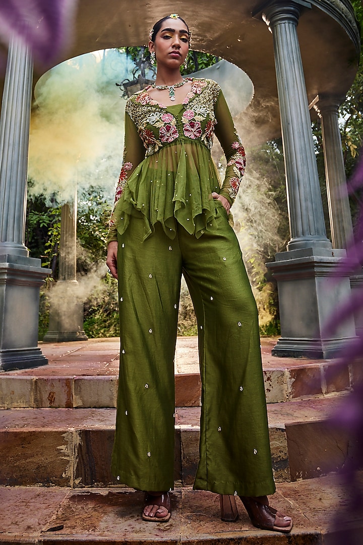 Green Net Embroidered Peplum Jacket Set by Show Shaa