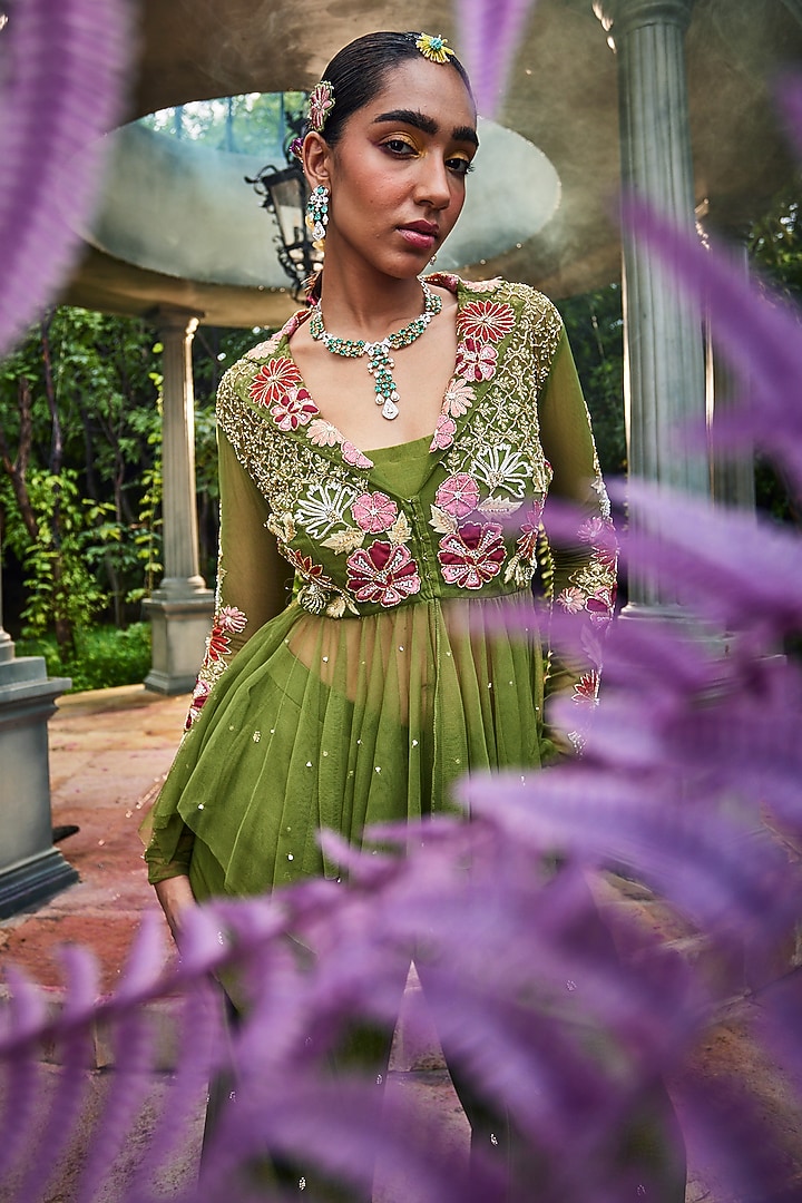 Green Net Embroidered Peplum Jacket Set by Show Shaa at Pernia's Pop Up Shop