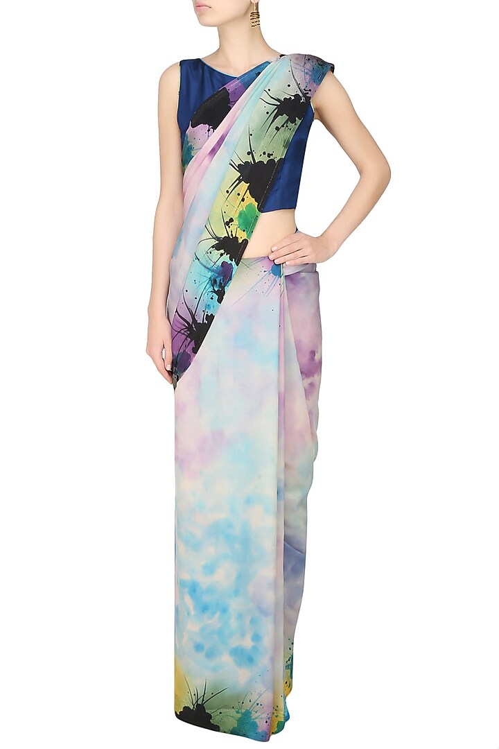 AADI SHOP by Shalini presents Off white "Marigold" multicolour hues handpainted saree with an untitched blouse piece available only at Pernia's Pop Up Shop.