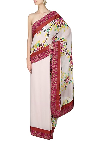 Off white "Petunia" multicolour hues trees handpainted saree with an unstitched blouse piece by Aadi Shop By Shalini