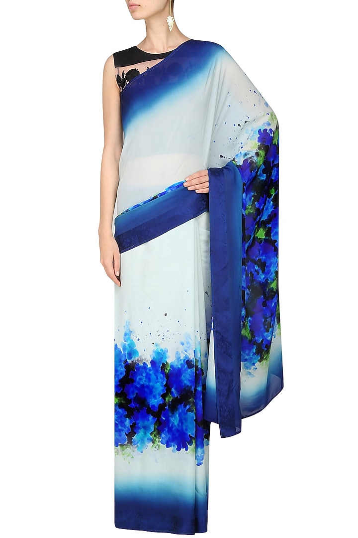 AADI SHOP by Shalini presents Off white and blue "Indigo" floral handpainted saree with an untitched blouse piece available only at Pernia's Pop Up Shop.
