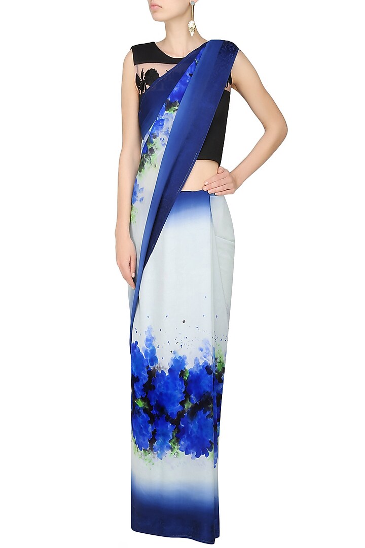 AADI SHOP by Shalini presents Off white and blue "Indigo" floral handpainted saree with an untitched blouse piece available only at Pernia's Pop Up Shop.