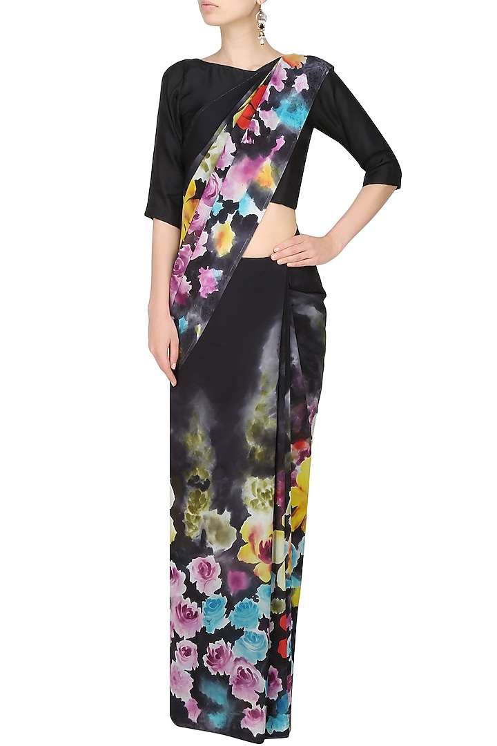 AADI SHOP by Shalini presents Charcoal grey "Jasmine" floral handpainted saree with an untitched blouse piece available only at Pernia's Pop Up Shop.
