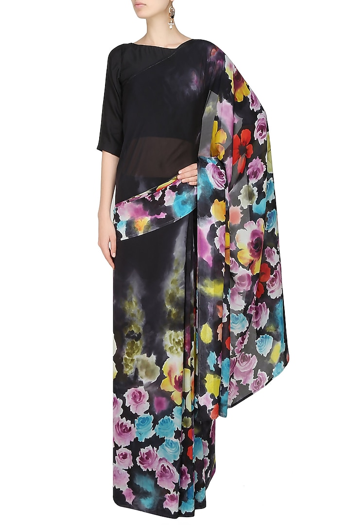 AADI SHOP by Shalini presents Charcoal grey "Jasmine" floral handpainted saree with an untitched blouse piece available only at Pernia's Pop Up Shop.