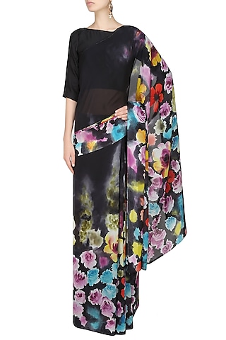 Charcoal grey "Jasmine" floral handpainted saree with an unstitched blouse piece by Aadi Shop By Shalini