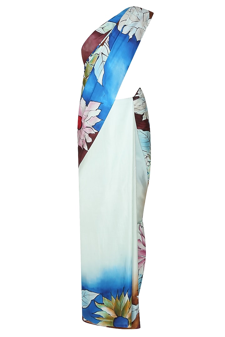 Pastel blue "Iris" floral handpainted saree with an unstitched blouse piece by Aadi Shop By Shalini