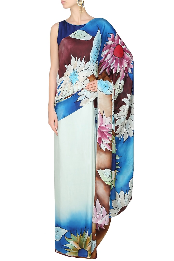 AADI SHOP by Shalini presents Pastel blue "Iris" floral handpainted saree with an untitched blouse piece available only at Pernia's Pop Up Shop.
