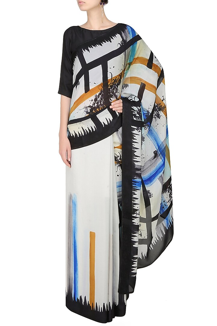 AADI SHOP by Shalini presents Off white, blue and mustard "Isabella" checks and floral handpainted saree with an untitched blouse piece available only at Pernia's Pop Up Shop.