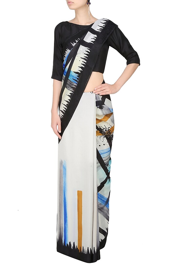 AADI SHOP by Shalini presents Off white, blue and mustard "Isabella" checks and floral handpainted saree with an untitched blouse piece available only at Pernia's Pop Up Shop.