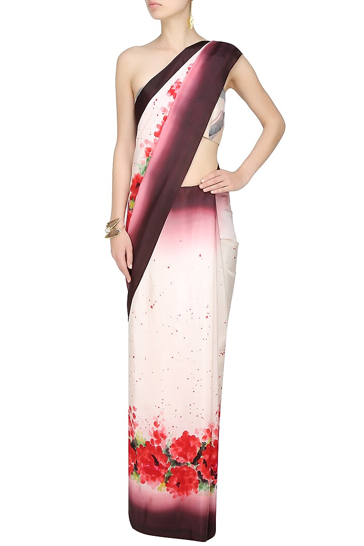 AADI SHOP by Shalini presents Off white, wine and red "Autumn Joy" handpainted saree with an untitched blouse piece available only at Pernia's Pop Up Shop.