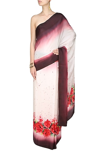 Off white, wine and red "Autumn Joy" handpainted saree with an unstitched blouse piece by Aadi Shop By Shalini