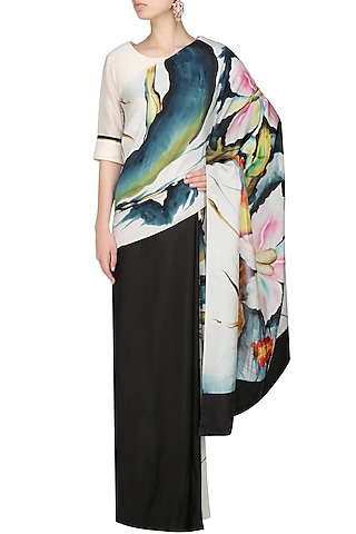 Black "Florence" floral handpainted saree with an unstitched blouse piece by Aadi Shop By Shalini