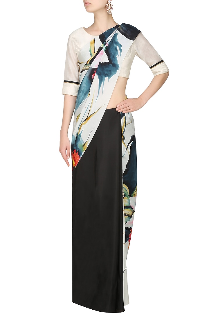 AADI SHOP by Shalini presents Black "Florence" floral handpainted saree with an untitched blouse piece available only at Pernia's Pop Up Shop.