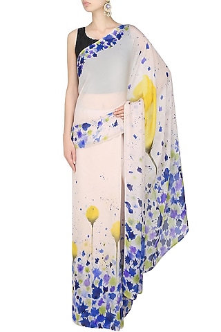 Off white and royal blue "Carnation" handpainted saree with an unstitched blouse piece by Aadi Shop By Shalini