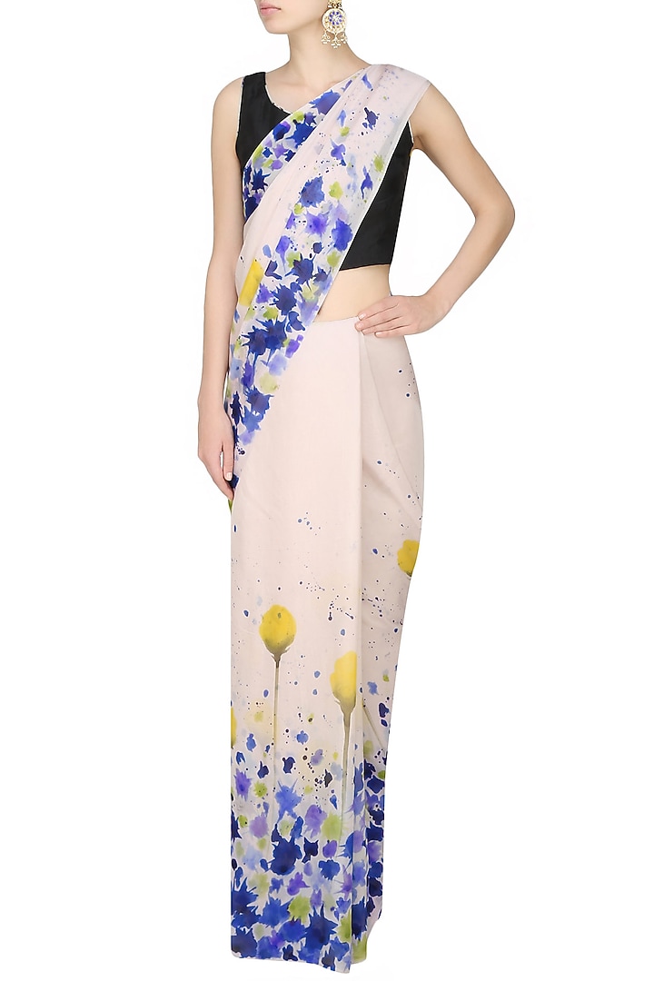 AADI SHOP by Shalini presents Off white and royal blue "Carnation" handpainted saree with an untitched blouse piece available only at Pernia's Pop Up Shop.
