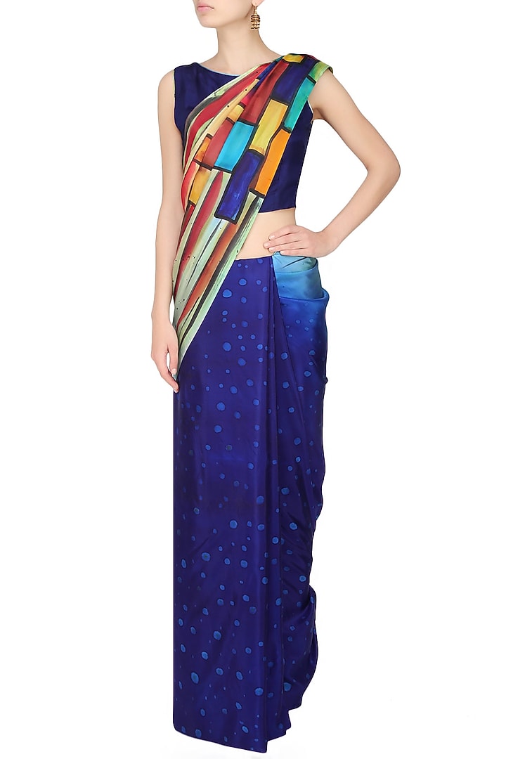 AADI SHOP by Shalini presents Royal blue "Fantasia" multiple hues handpainted saree with an untitched blouse piece available only at Pernia's Pop Up Shop.