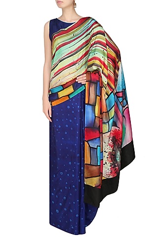 Royal blue "Fantasia" multiple hues handpainted saree with an unstitched blouse piece by Aadi Shop By Shalini