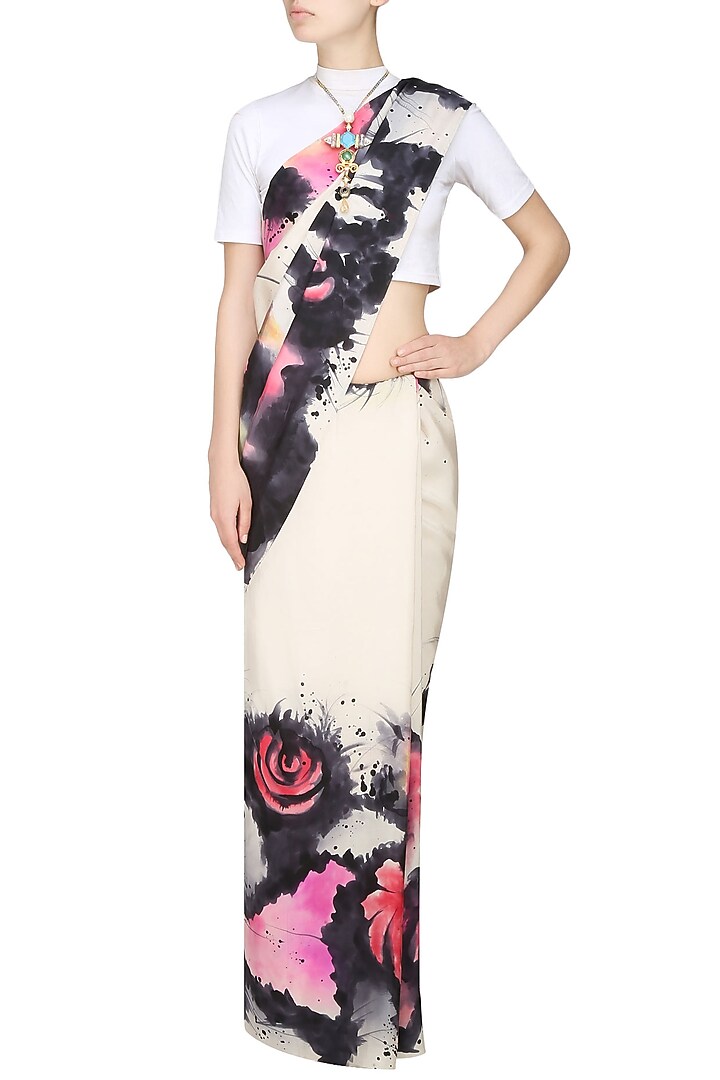 AADI SHOP by Shalini presents Off white, black and pink "Aster" floral handpainted saree with an untitched blouse piece available only at Pernia's Pop Up Shop.