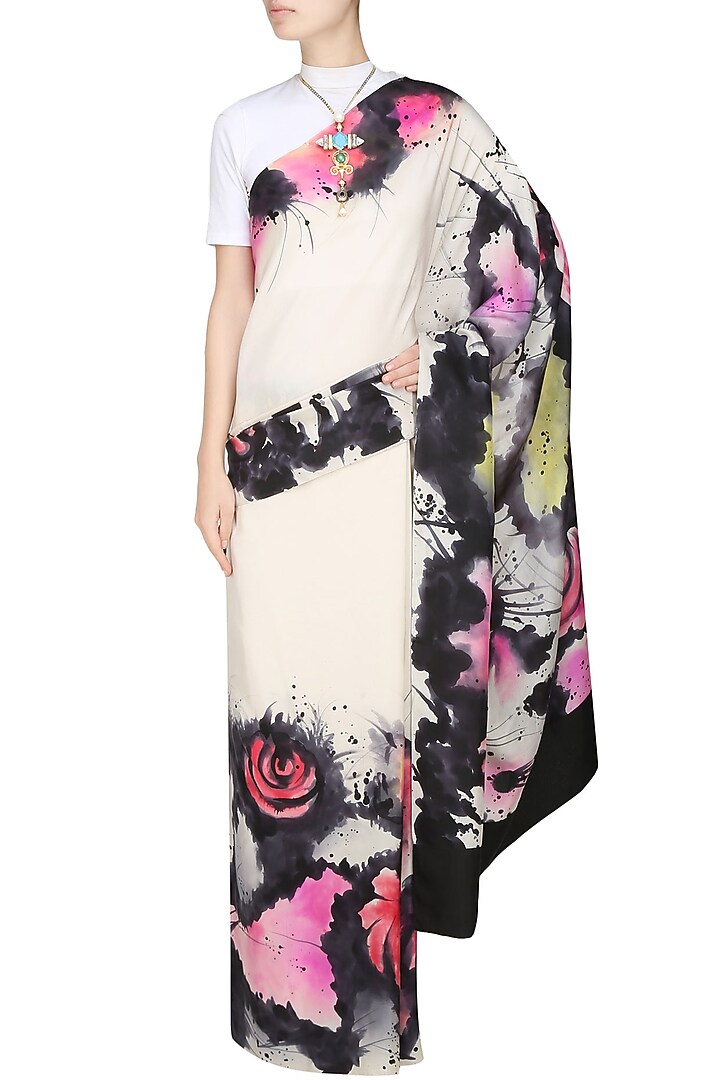 AADI SHOP by Shalini presents Off white, black and pink "Aster" floral handpainted saree with an untitched blouse piece available only at Pernia's Pop Up Shop.