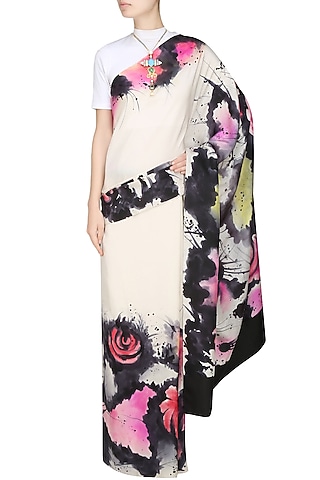 Off white, black and pink "Aster" floral handpainted saree with an unstitched blouse piece by Aadi Shop By Shalini