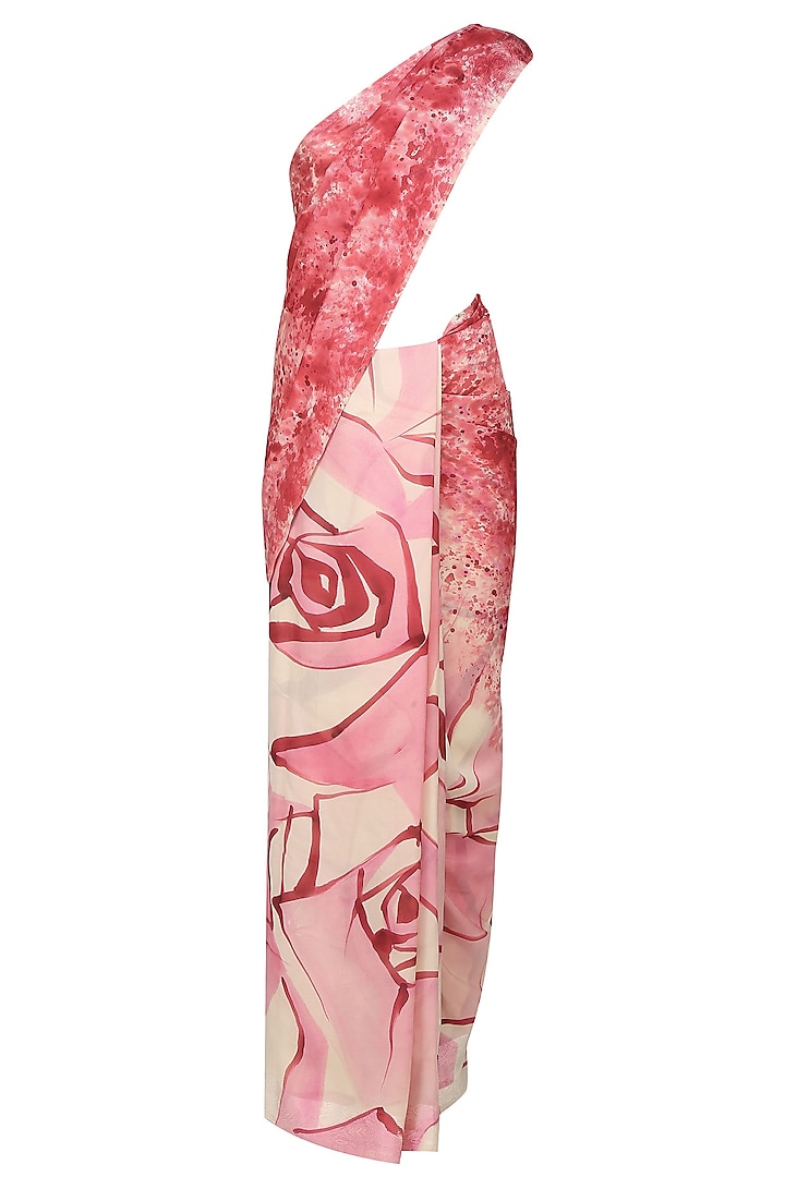 Light pink "Peony" floral handpainted saree with an unstitched blouse piece by Aadi Shop By Shalini