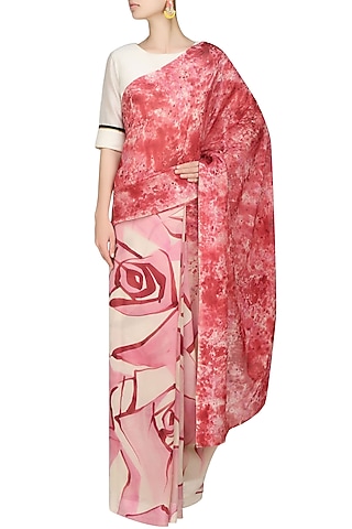 Light pink "Peony" floral handpainted saree with an unstitched blouse piece by Aadi Shop By Shalini