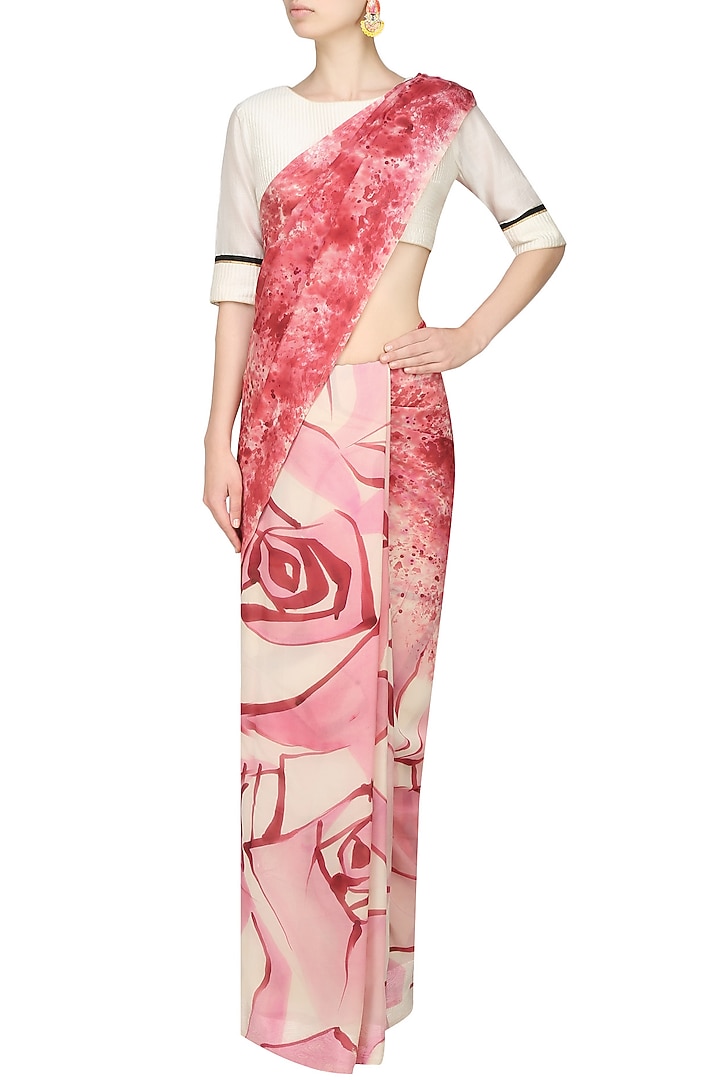 AADI SHOP by Shalini presents Light pink "Peony" floral handpainted saree with an untitched blouse piece available only at Pernia's Pop Up Shop.