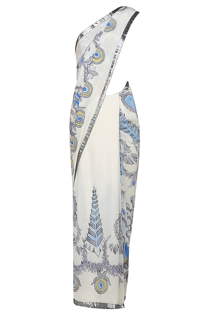 Off white and blue "Orchid" floral handpainted saree and embroidered blouse set by Aadi Shop By Shalini