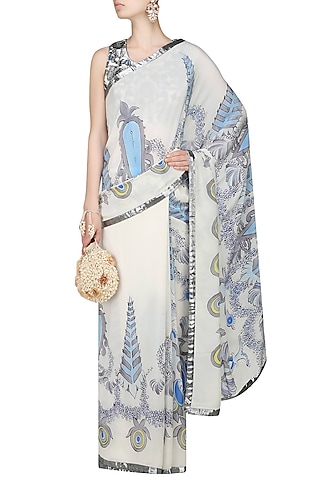 Off white and blue "Orchid" floral handpainted saree and embroidered blouse set by Aadi Shop By Shalini